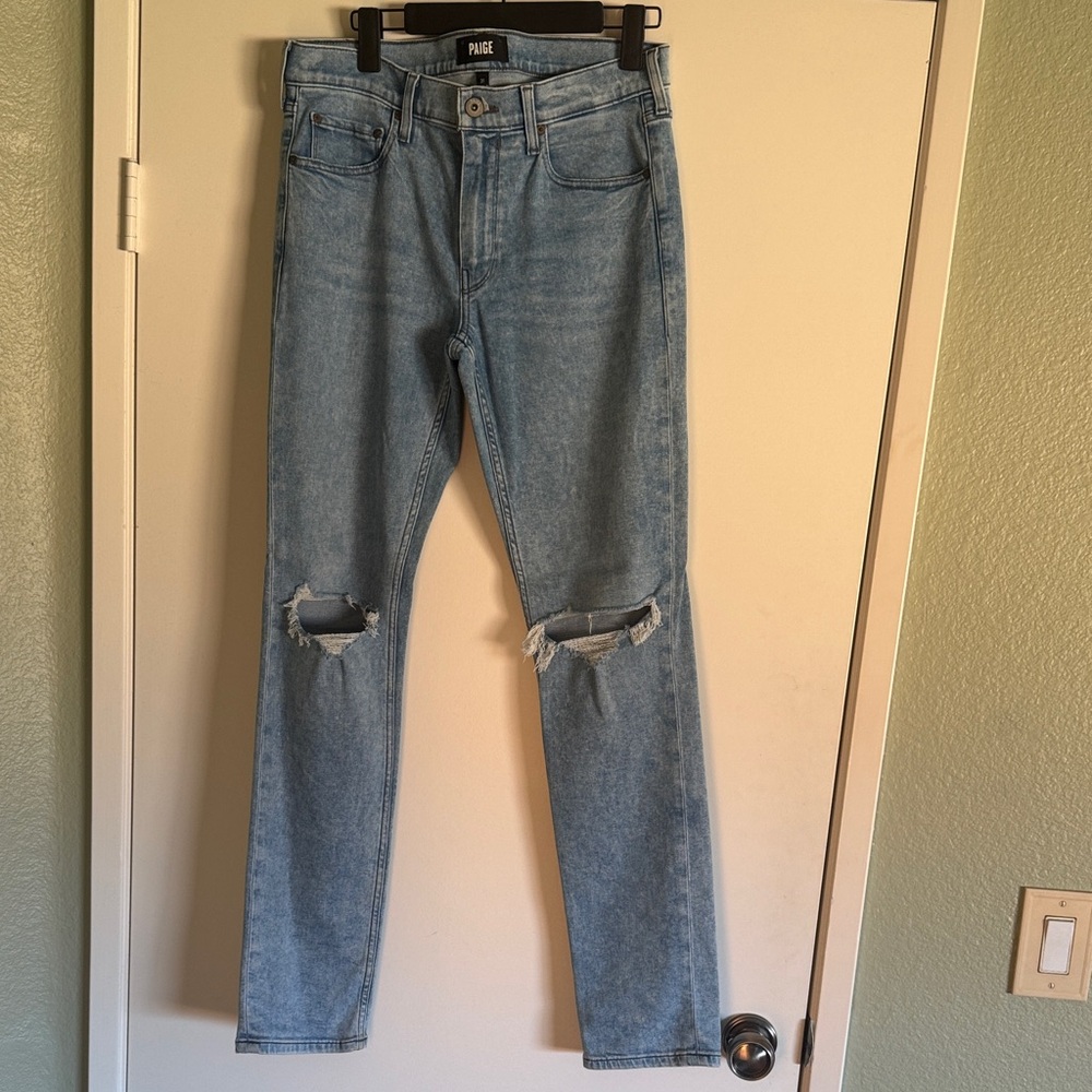 PAIGE Lennox Ogden Deconstructed Light Blue Distressed Skinny Jeans
